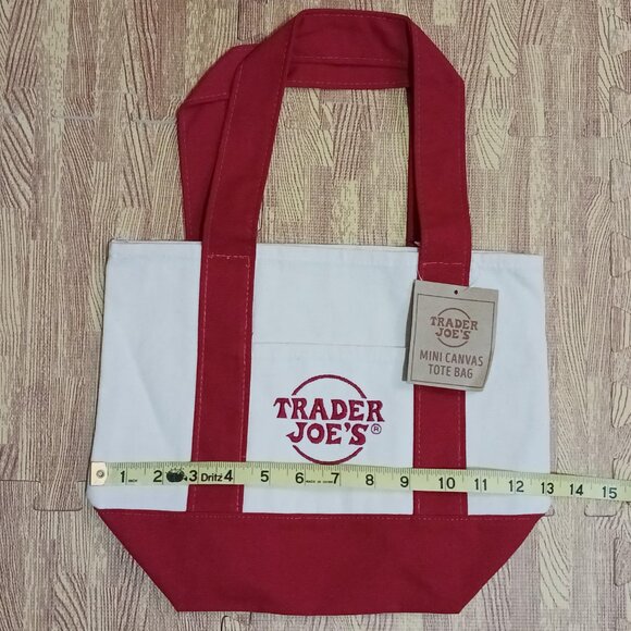 Trader Joe's Mini Canvas Tote Bag Cream Red Embroidery - Picture 2 of 4